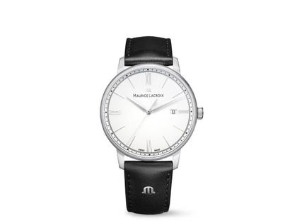 Herrenuhren Uhr mit Datum aus Edelstahl. Das Gehäuse ist rund und silber. Das Lederarmband ist schwarz. Das Zifferblatt ist römisch Index und weiß.