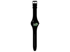 Swatch SUOB185 HATE 2 LOVE Valentinstag Edition – Damenuhren Uhr ohne Datum aus Kunststoff. Das Gehäuse ist rund und schwarz. Das Kautschuk / Kunststoff / Silikon Armband ist schwarz. Das Zifferblatt ist ohne Zeichen und schwarz. – Ansicht 3