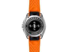 TAG Heuer Connected Calibre E5 Smartwatch Edelstahl 40mm digitales Zifferblatt orangefarbenes Kautschukband – Herrenuhren Uhr Multifunktion aus Edelstahl. Das Gehäuse ist rund und silber. Das Kautschuk / Kunststoff / Silikon Armband ist schwarz. Der Zifferblatt ist digital. – Ansicht 4