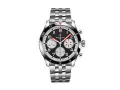 Breitling Classic Avi Chronograph 42 Mosquito Automatik Edelstahl schwarzes Zifferblatt Metallband – Herrenuhren Chronograph aus Edelstahl. Das Gehäuse ist rund und silber. Das Edelstahlarmband ist silber. Das Zifferblatt ist arabisch Index und schwarz.
