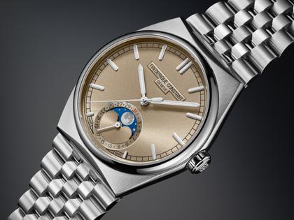 Frederique Constant Highlife Moonphase Date Manufacture Automatik Edelstahl 39mm beiges Zifferblatt Metallband und blaues Lederband – Herrenuhren Uhr mit Datum aus Edelstahl und Leder. Das Gehäuse ist rund und silber. Das Edelstahlarmband ist silber. Das Zifferblatt ist ein Index in beige. – Ansicht 7