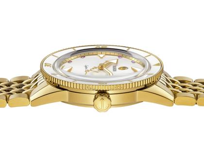 Rado Captain Cook Automatik Edelstahl gelbgold beschichtet 37 mm Marina Hoermanseder Edition – Damenuhren Uhr mit Datum aus Edelstahl, Leder und PVD beschichtet. Das Gehäuse ist rund und gelbgold. Das Edelstahlarmband ist gelbgold. Das Zifferblatt ist ein Index in weiß. – Ansicht 5