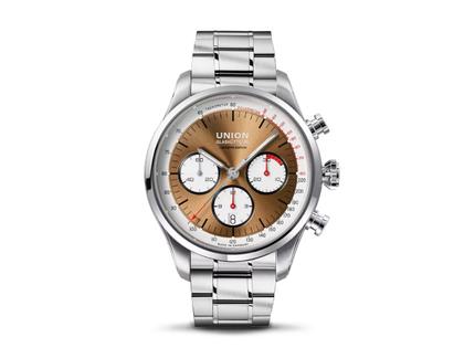 Union Glashütte Belisar Chronograph Silvretta Classic 2024 Limitierte Edition Automatik Edelstahl 44mm bronzefarbenes Zifferblatt schwarzes Lederband und Edelstahlband – Herrenuhren Chronograph aus Edelstahl und Leder. Das Gehäuse ist rund und silber. Das Lederarmband ist schwarz. Das Zifferblatt ist arabisch Index und braun. – Ansicht 2