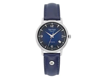 Bruno Söhnle Glashütte Stuttgart II Small Automatik Edelstahl blaues Zifferblatt blaues Lederband – Damenuhren Uhr mit Datum aus Edelstahl. Das Gehäuse ist rund und silber. Das Lederarmband ist blau. Das Zifferblatt ist arabisch Index und blau.
