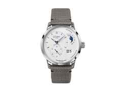 Glashütte Original PanoMaticLunar Automatik Edelstahl 40mm silbernes Zifferblatt graues Textilband – Herrenuhren Uhr mit Datum aus Edelstahl. Das Gehäuse ist rund und silber. Das Textilarmband ist grau. Das Zifferblatt ist arabisch Index und silber.