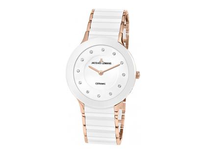 Jacques Lemans Quarz Dublin Swarovski Kristalle Keramik weiß  IP rosé Edelstahl weiß Edelstahlband – Damenuhren Uhr ohne Datum aus Edelstahl, IP beschichtet und Keramik. Das Gehäuse ist rund und roségold. Das vergoldetes Edelstahlarmband ist weiß. Das Zifferblatt ist ein Index in weiß.
