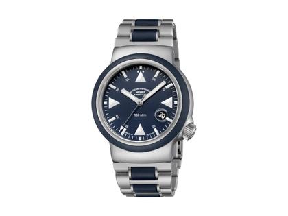 Mühle Glashütte S.A.R. Rescue-Timer Nautikblau Automatik Edelstahl 42mm blaues Zifferblatt Metallband – Herrenuhren Uhr mit Datum aus Edelstahl und Kautschuk. Das Gehäuse ist rund und silber. Das Edelstahlarmband ist silber. Das Zifferblatt ist ein Index in blau.