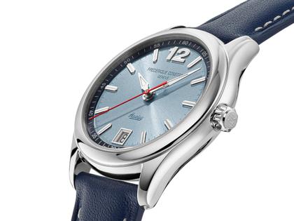 Frederique Constant Classics Vintage Rally Healey Automatik Edelstahl 36mm blaues Zifferblatt blaues Lederband limitiert – Damenuhren Uhr mit Datum aus Edelstahl und Leder. Das Gehäuse ist rund und silber. Das Lederarmband ist blau. Das Zifferblatt ist arabisch Index und blau. – Ansicht 2