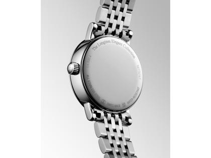 Longines Elegant Collection Quarz Edelstahl 30mm weißes Perlmutt-Zifferblatt Metallband – Damenuhren Uhr mit Datum aus Edelstahl. Das Gehäuse ist rund und silber. Das Edelstahlarmband ist silber. Das Zifferblatt ist ein Index in weiß. – Ansicht 3