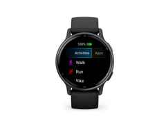 Garmin vívoactive 5 faserverstärktes Polymer schwarz 42mm schiefergraues Kautschukband – Damenuhren Uhr Multifunktion aus eloxiertes Aluminium, Kautschuk, Kunststoff und PVD beschichtet. Das Gehäuse ist rund und schwarz. Das Kautschuk / Kunststoff / Silikon Armband ist anthrazit. Der Zifferblatt ist digital.